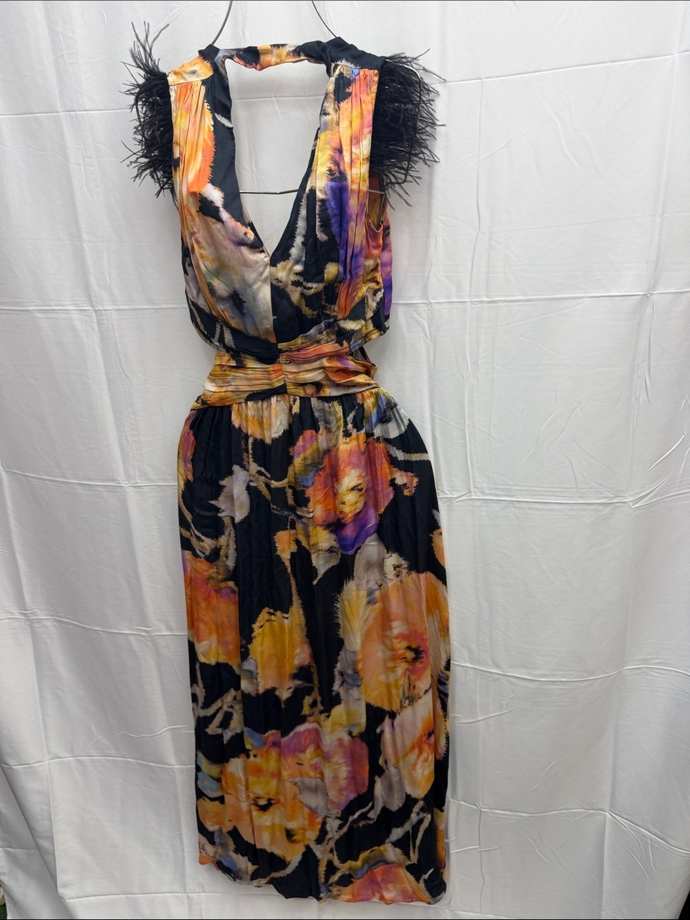 Ranna Gill Black Floral V-Neck Maxi Dress with Feather Trim